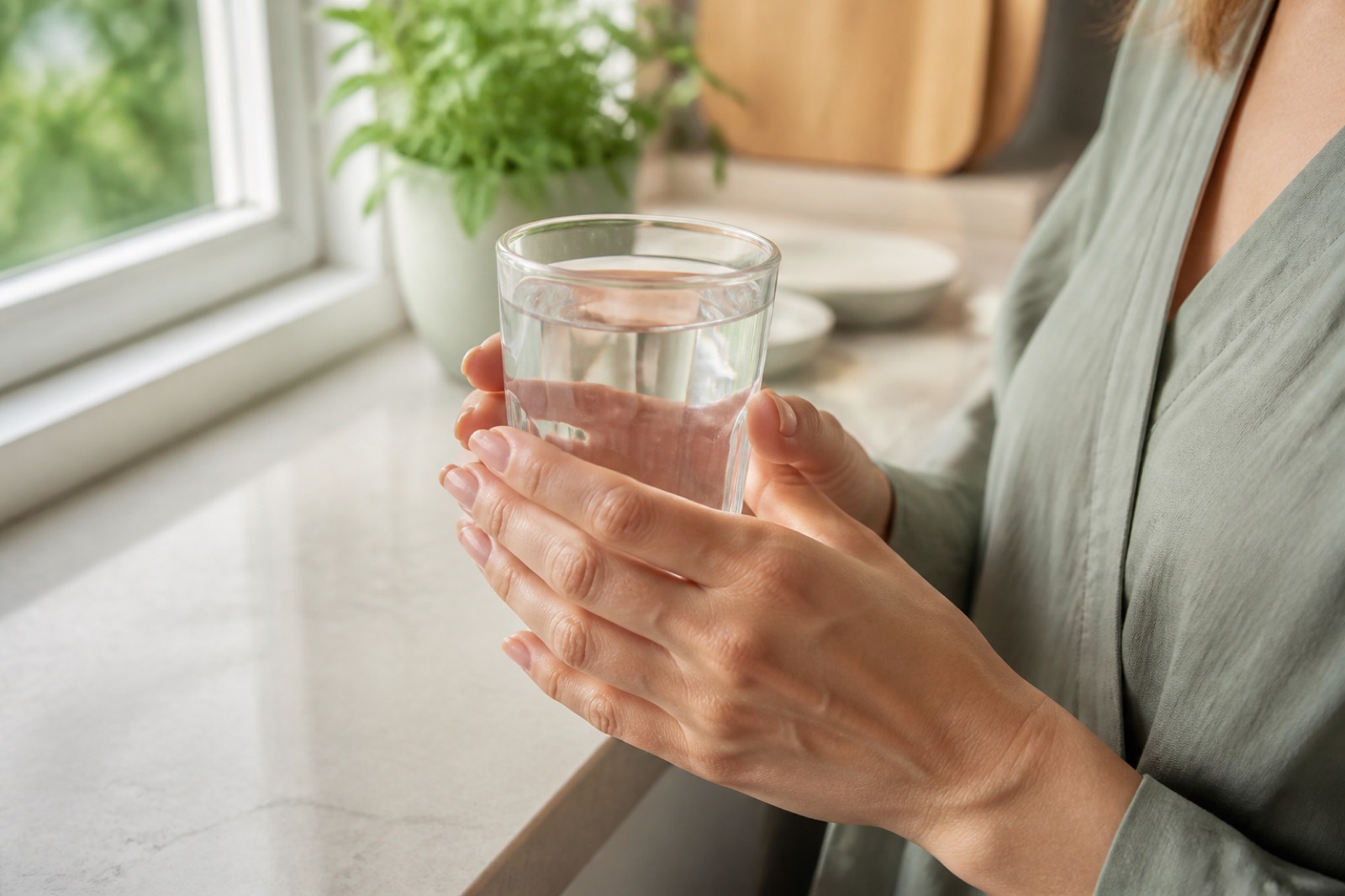 Mani che tengono un bicchiere d'acqua vicino a una finestra