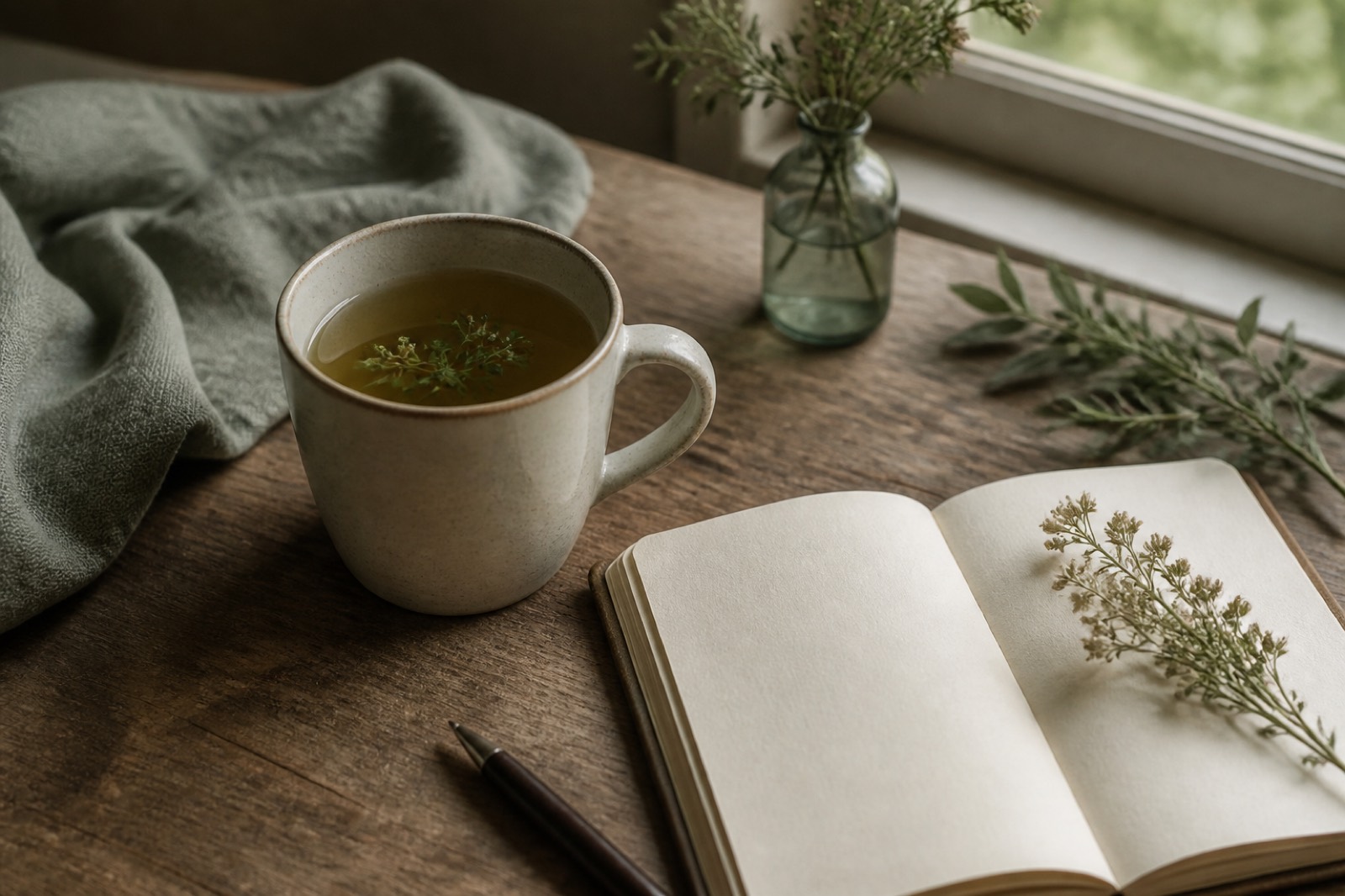 Tazza di infuso e taccuino accanto a una finestra